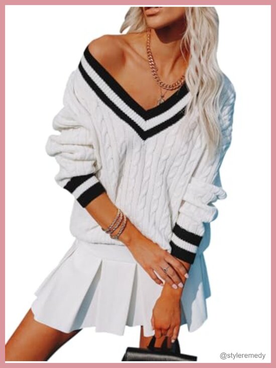 Sweaters - Womens V Neck Oversized Cable Knit Pullover Chunky Striped Sweater Tunic Tops